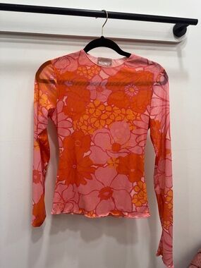 Show Me Your MuMu Pink and Orange Floral Mesh Long Sleeve Top